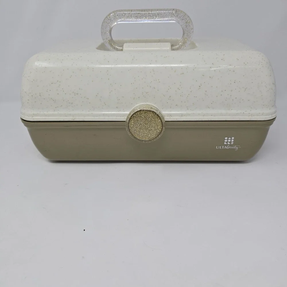 Large Caboodles Ulta Beauty 3 Tier Makeup Case Vintage Glittery Gold & White